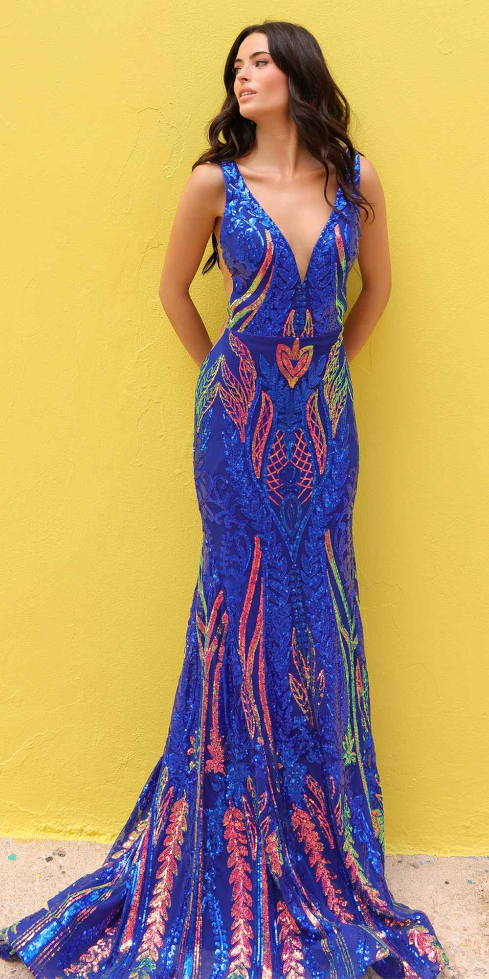 Nox Anabel R1402 Long Plunging V-Neck Fitted Sequin Print Gown - Glamourous Grace