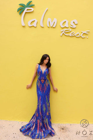 Nox Anabel R1402 Long Plunging V-Neck Fitted Sequin Print Gown