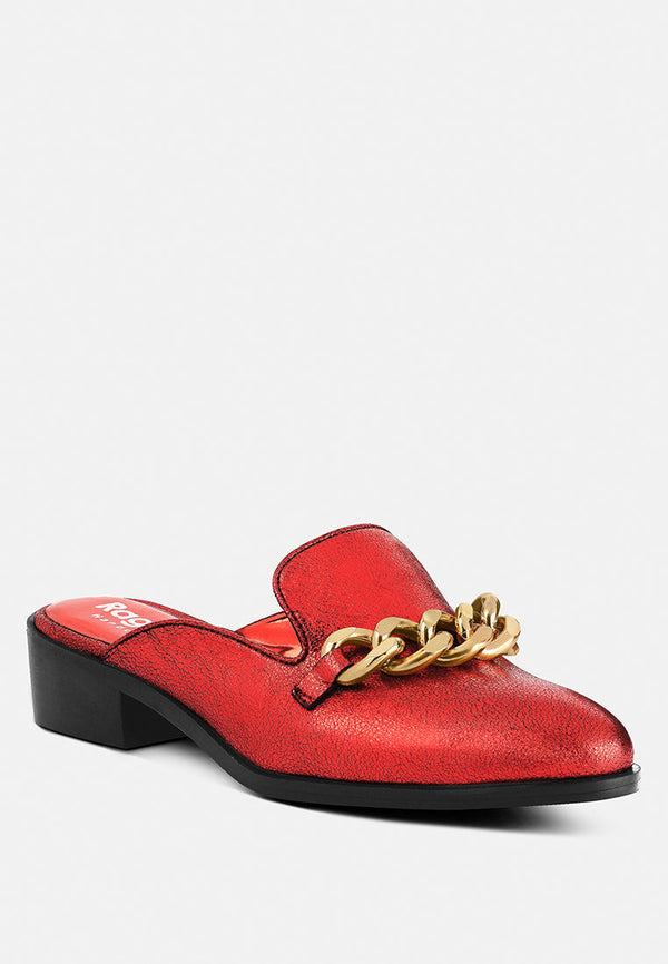 Aksa Chain Embellished Metallic Leather Mules - Glamourous Grace