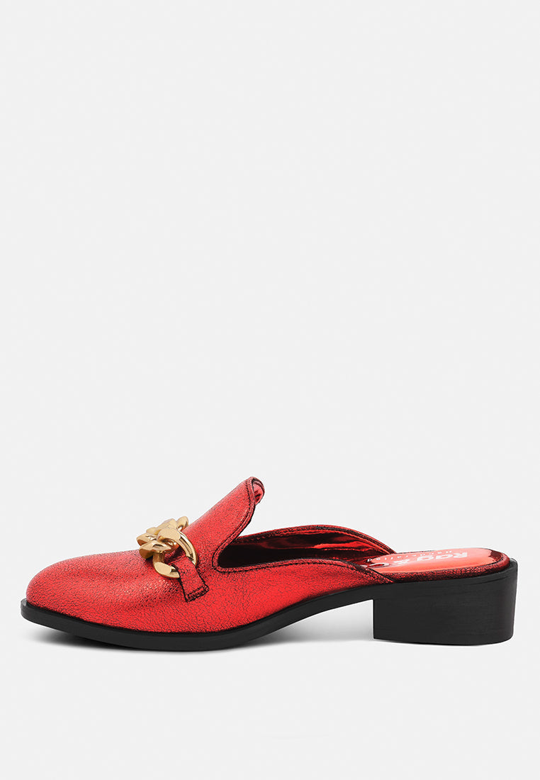 Aksa Chain Embellished Metallic Leather Mules - Glamourous Grace
