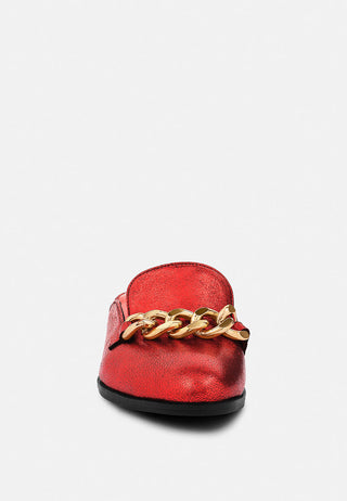 Aksa Chain Embellished Metallic Leather Mules