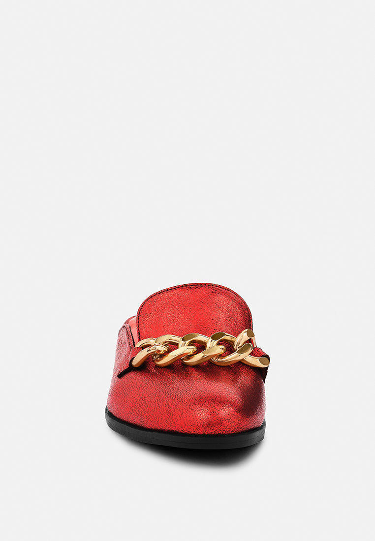Aksa Chain Embellished Metallic Leather Mules - Glamourous Grace