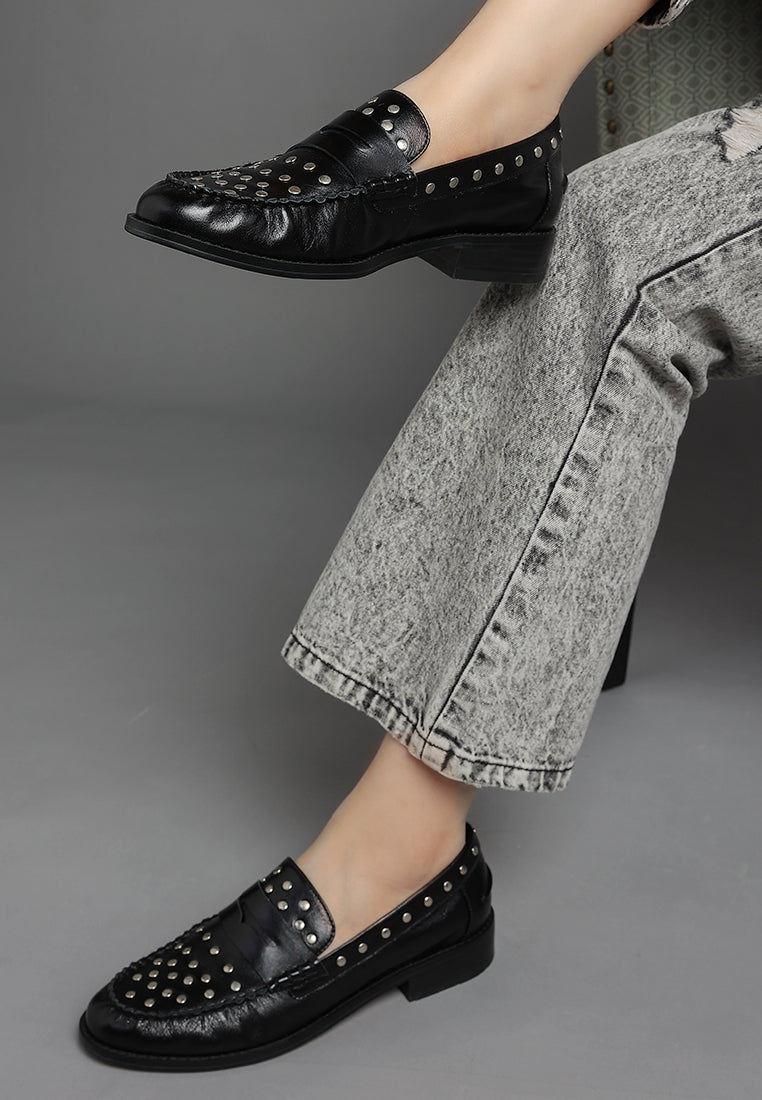 Oglavia Studs Embellished Leather Loafers - Glamourous Grace