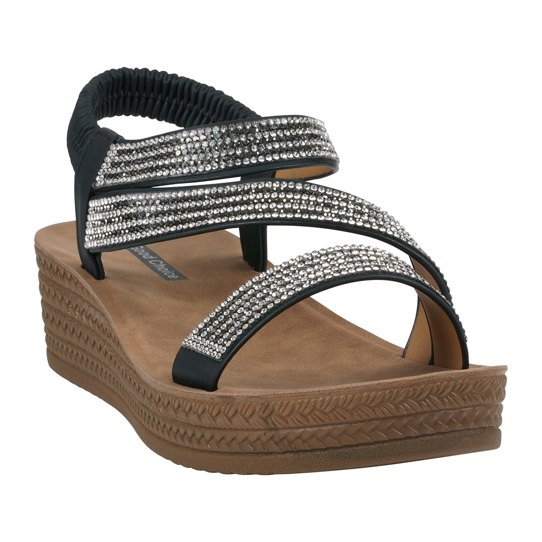 Women's Ruby Black Embellished Cross Strap Wedge Sandals - Glamourous Grace