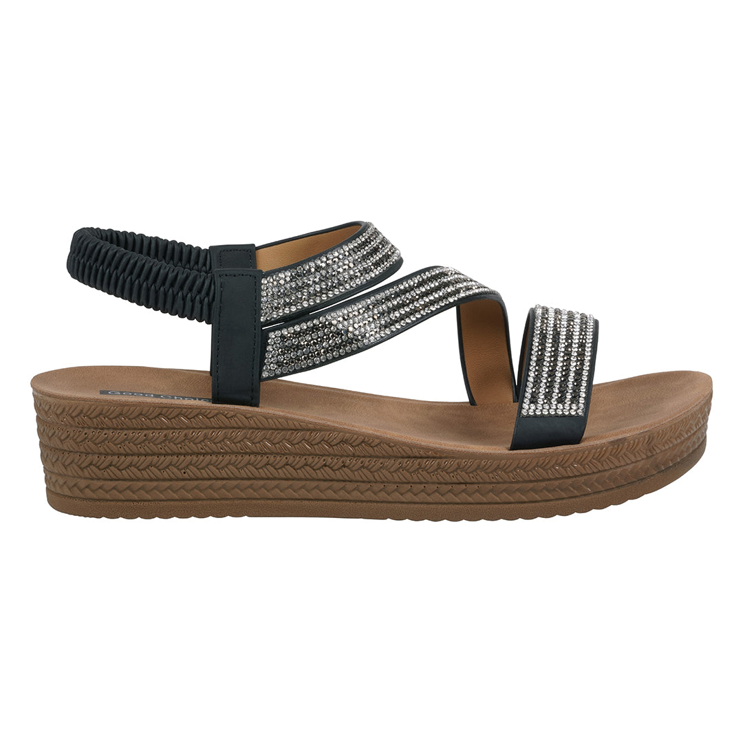 Women's Ruby Black Embellished Cross Strap Wedge Sandals - Glamourous Grace