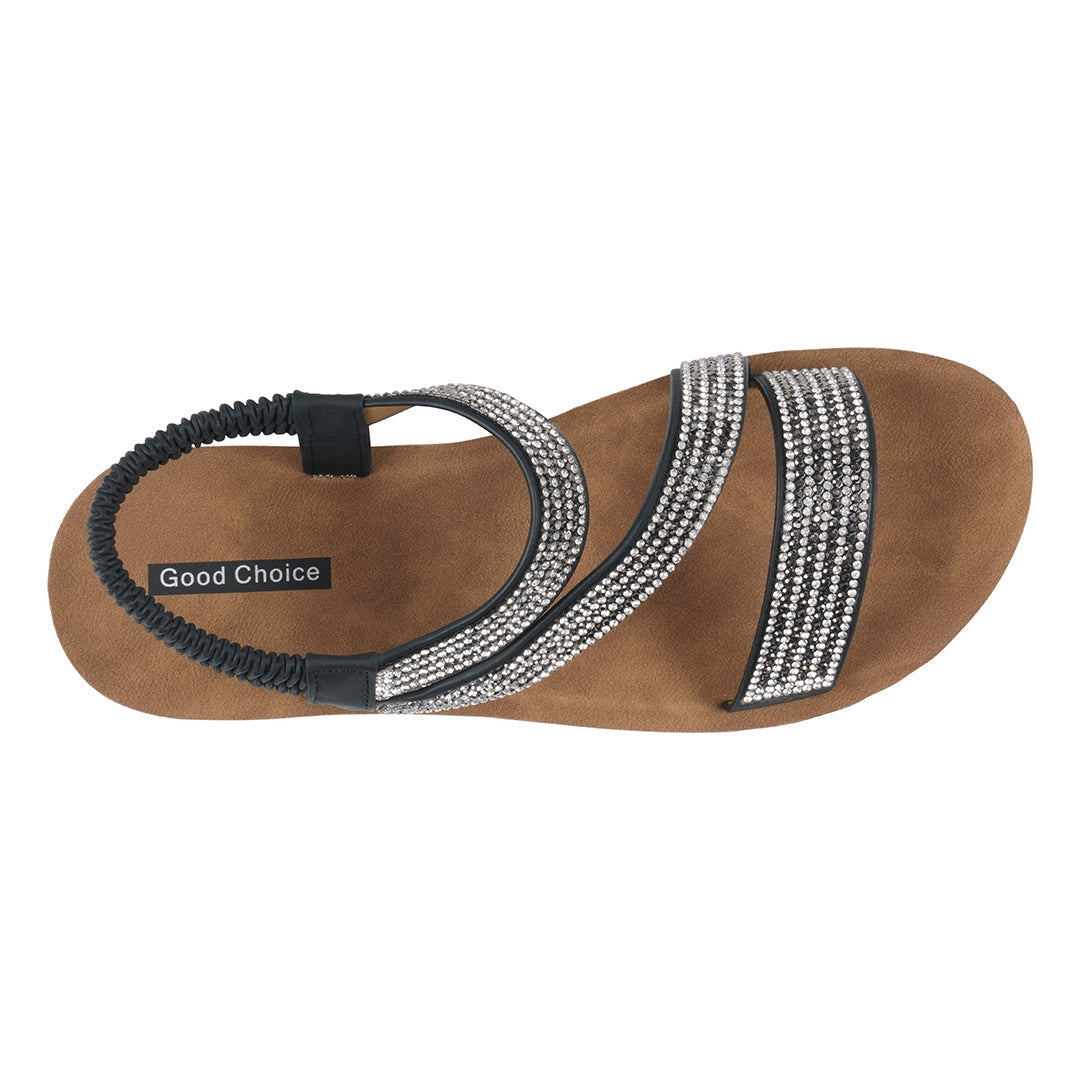 Women's Ruby Black Embellished Cross Strap Wedge Sandals - Glamourous Grace