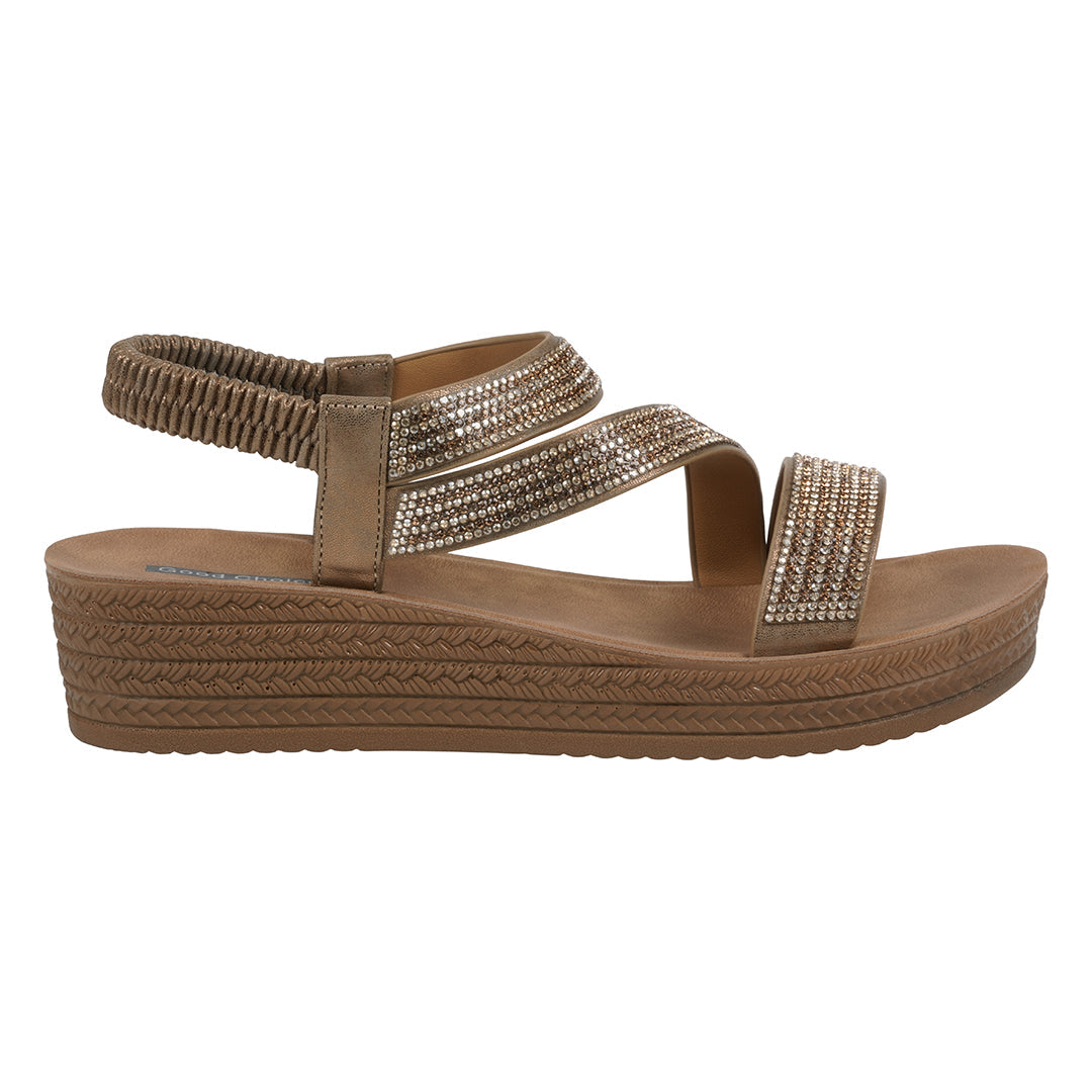 Women's Ruby Gold Embellished Cross Strap Wedge Sandals - Glamourous Grace