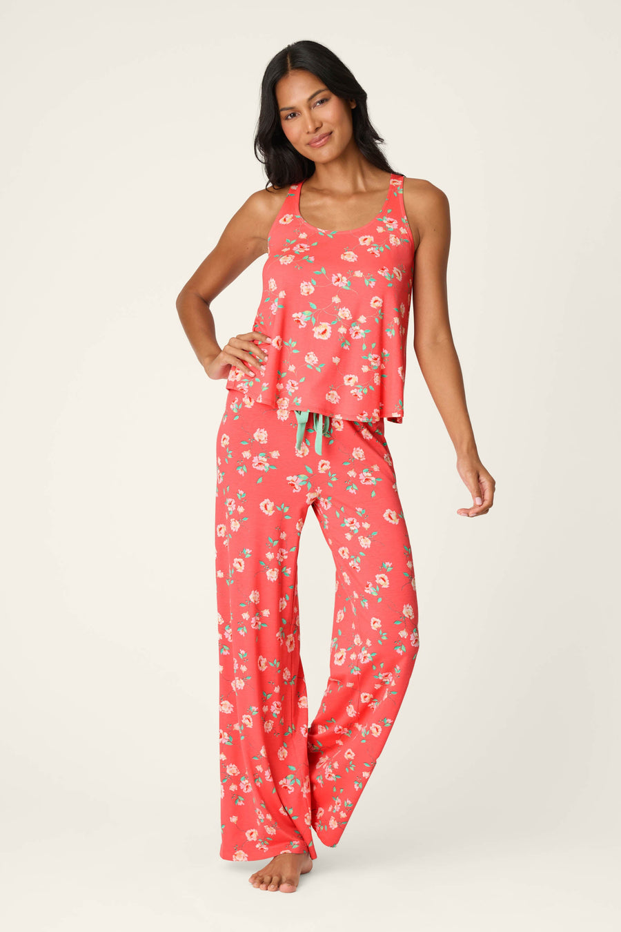 Siesta Dreams Dark Coral Floral Print Long PJ Set - Glamourous Grace