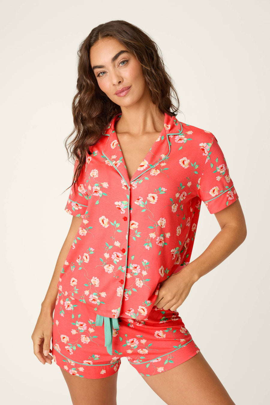 Siesta Dreams Dark Coral Floral Print Short Sleeve Top - Glamourous Grace