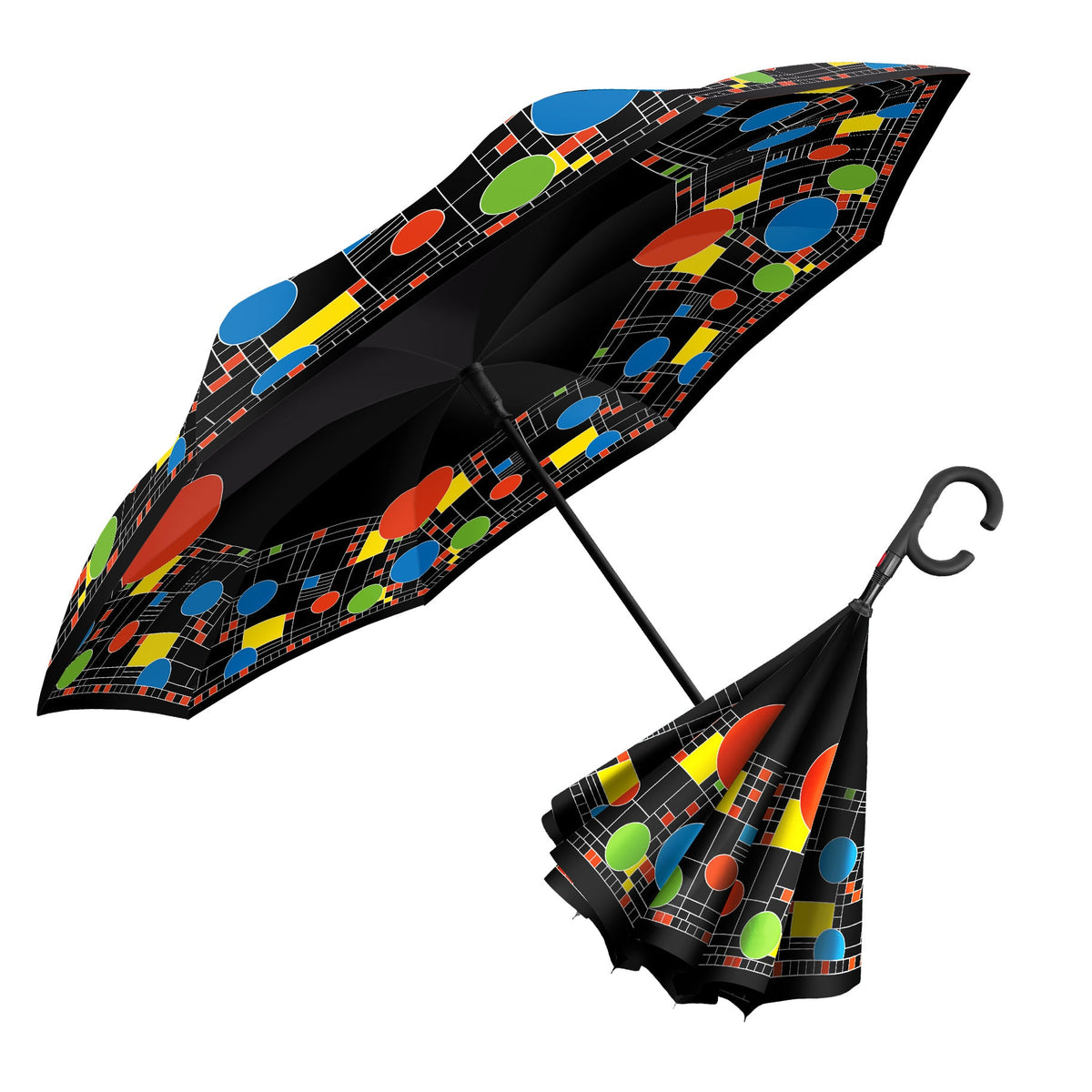 Frank Lloyd Wright "Coonley Playhouse" Reverse Inverted Umbrella – Hands-Free, Windproof Design - Glamourous Grace