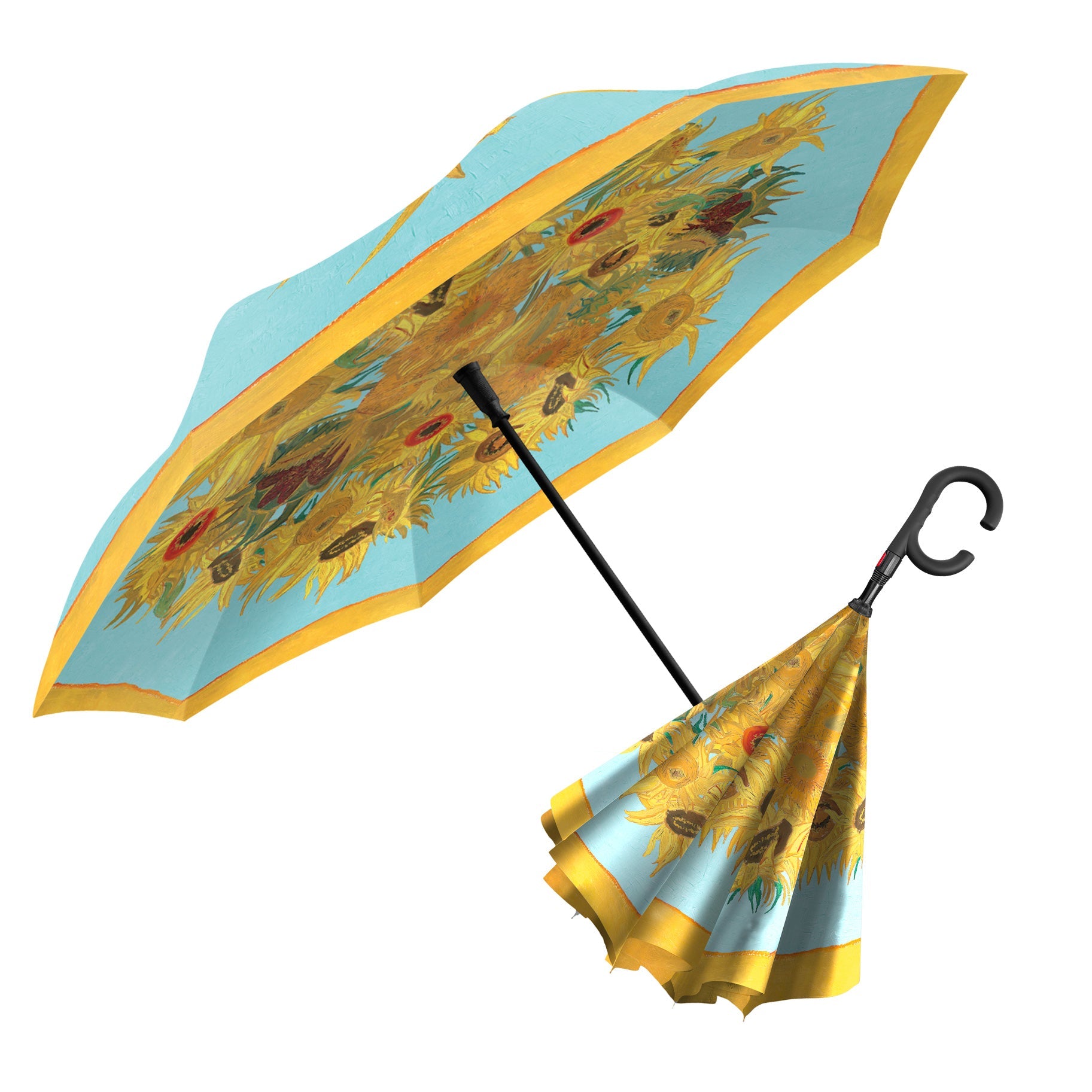 van Gogh Sunflowers Reverse Inverted Umbrella – Hands-Free, Windproof Design