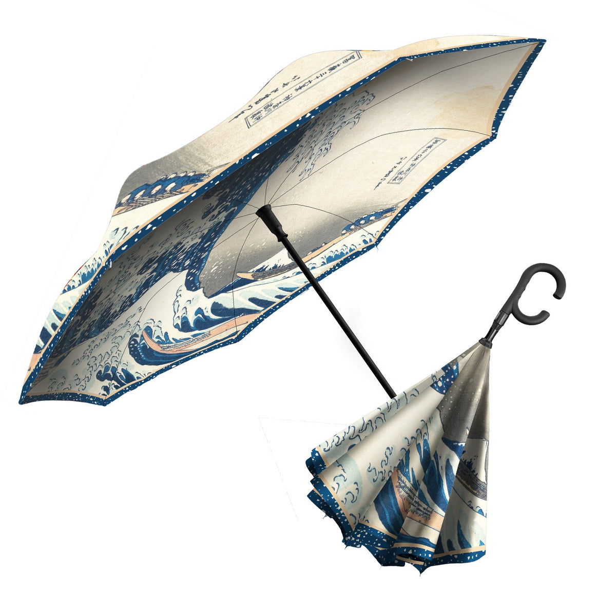 Hokusai "The Great Wave" Reverse Inverted Umbrella –  Windproof, Hands-Free - Glamourous Grace