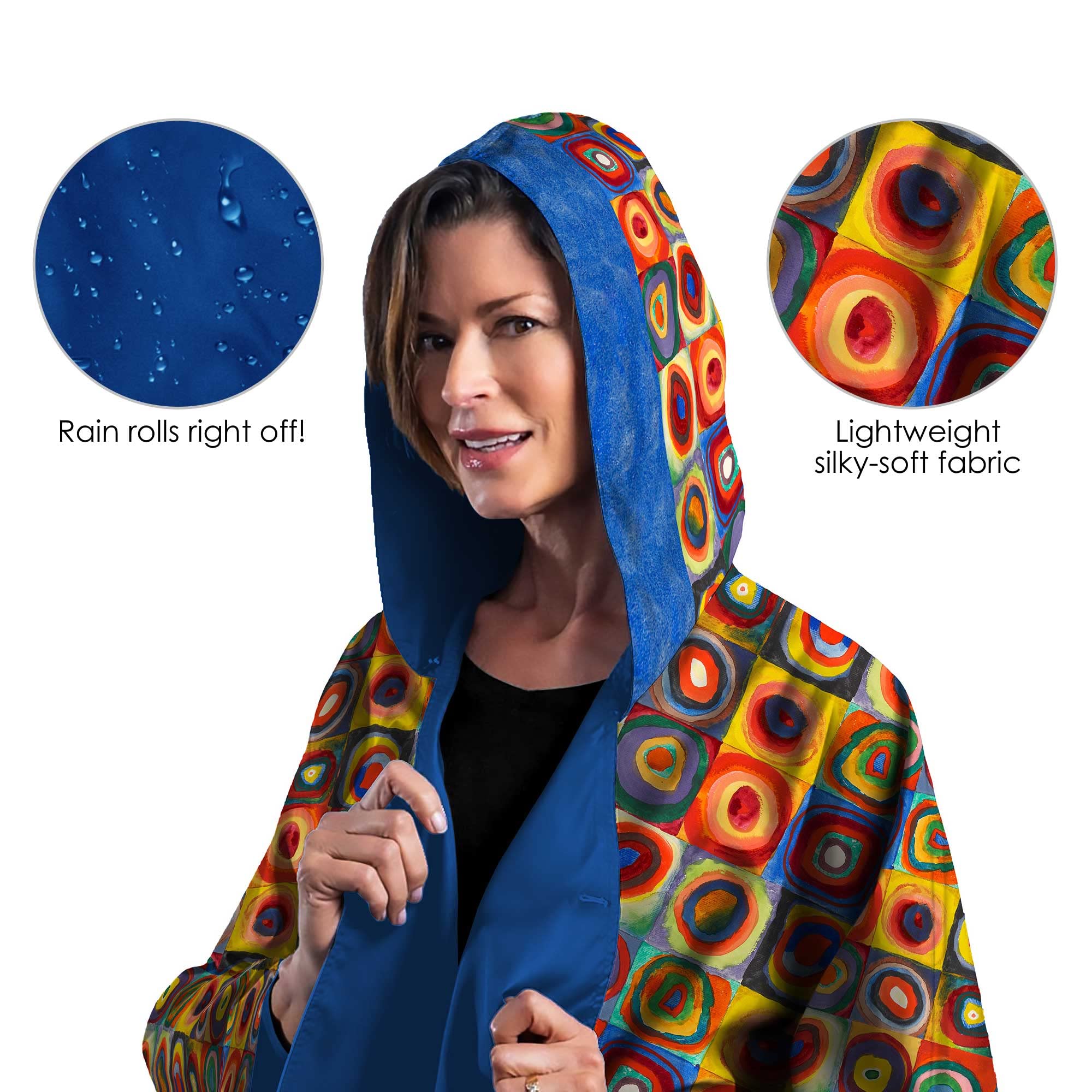 Kandinsky Squares with Concentric Circles Reversible Rain Cape Poncho – Lightweight Hooded Wrap for Women