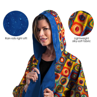 Kandinsky Squares with Concentric Circles Reversible Rain Cape Poncho – Lightweight Hooded Wrap for Women