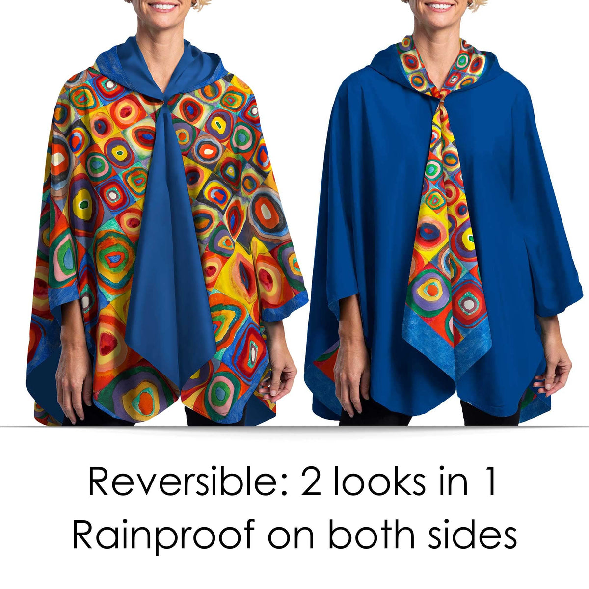 Kandinsky Squares with Concentric Circles Reversible Rain Cape Poncho – Lightweight Hooded Wrap for Women