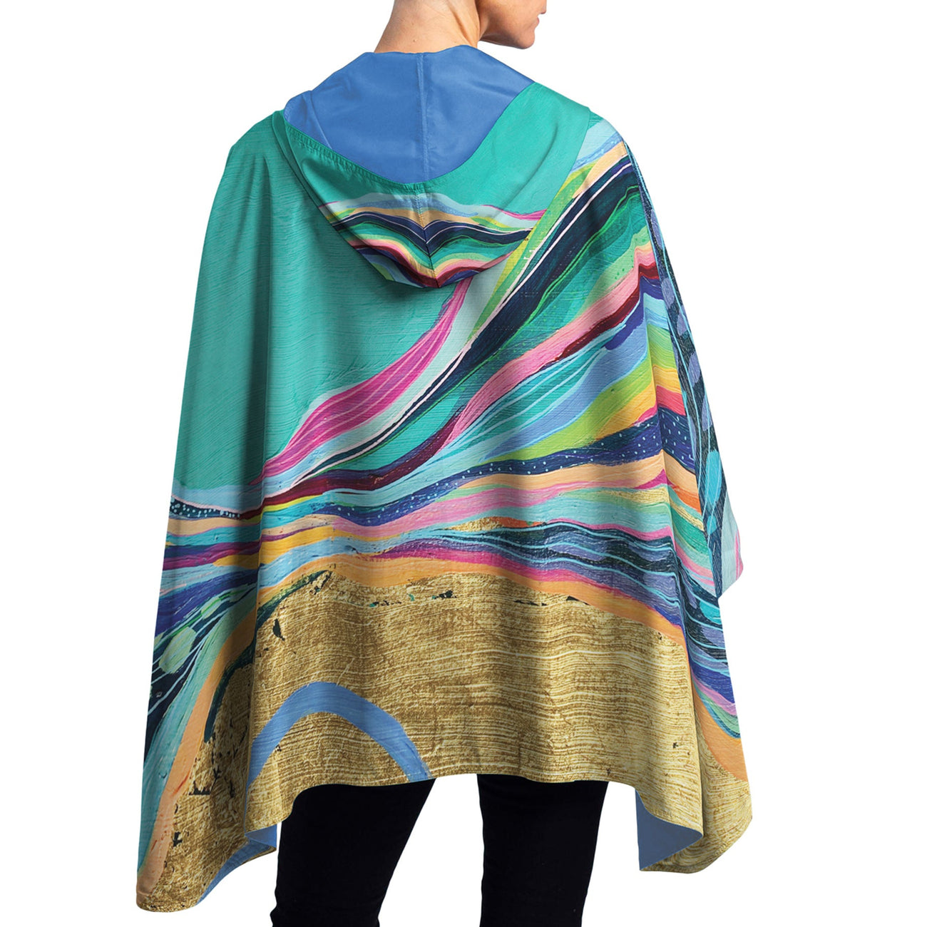 EttaVee "Rainbow Riviera 1" Reversible Rain Cape Poncho – Lightweight Hooded Womens Wrap - Glamourous Grace
