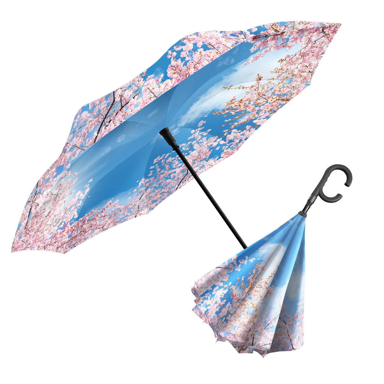 Cherry Blossoms Reverse Inverted Umbrella –  Windproof, Hands-Free - Glamourous Grace
