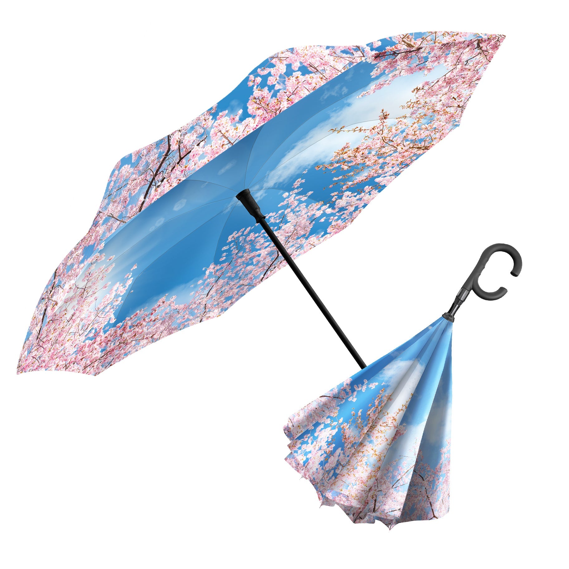 Cherry Blossoms Reverse Inverted Umbrella –  Windproof, Hands-Free