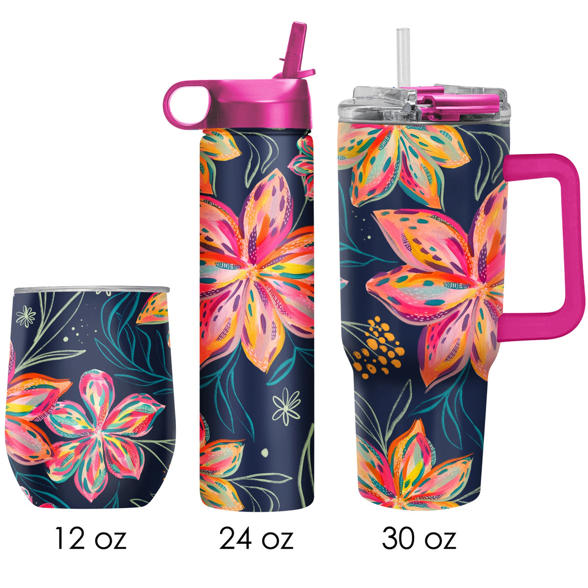 EttaVee "Bold Flowers" Insulated Drinkware Set of 3, 1 per size - Glamourous Grace