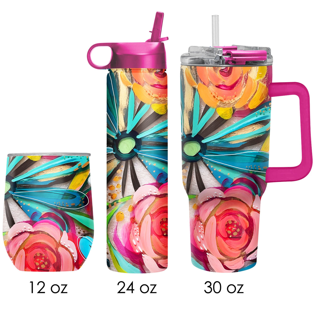 EttaVee "Flowers On Glass" Insulated Drinkware Set of 3, 1 per size - Glamourous Grace