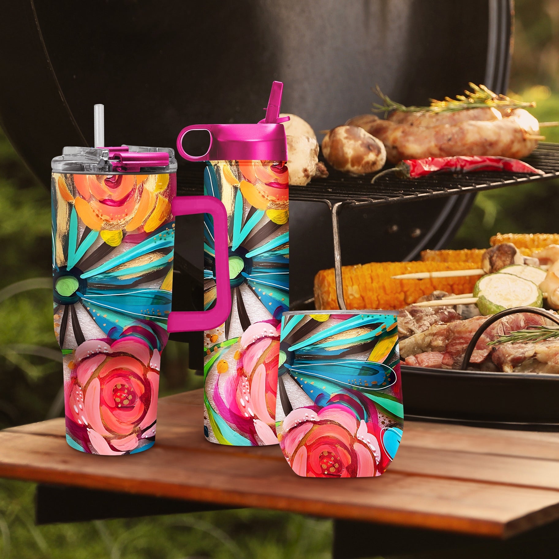 EttaVee "Flowers On Glass" Insulated Drinkware Set of 3, 1 per size