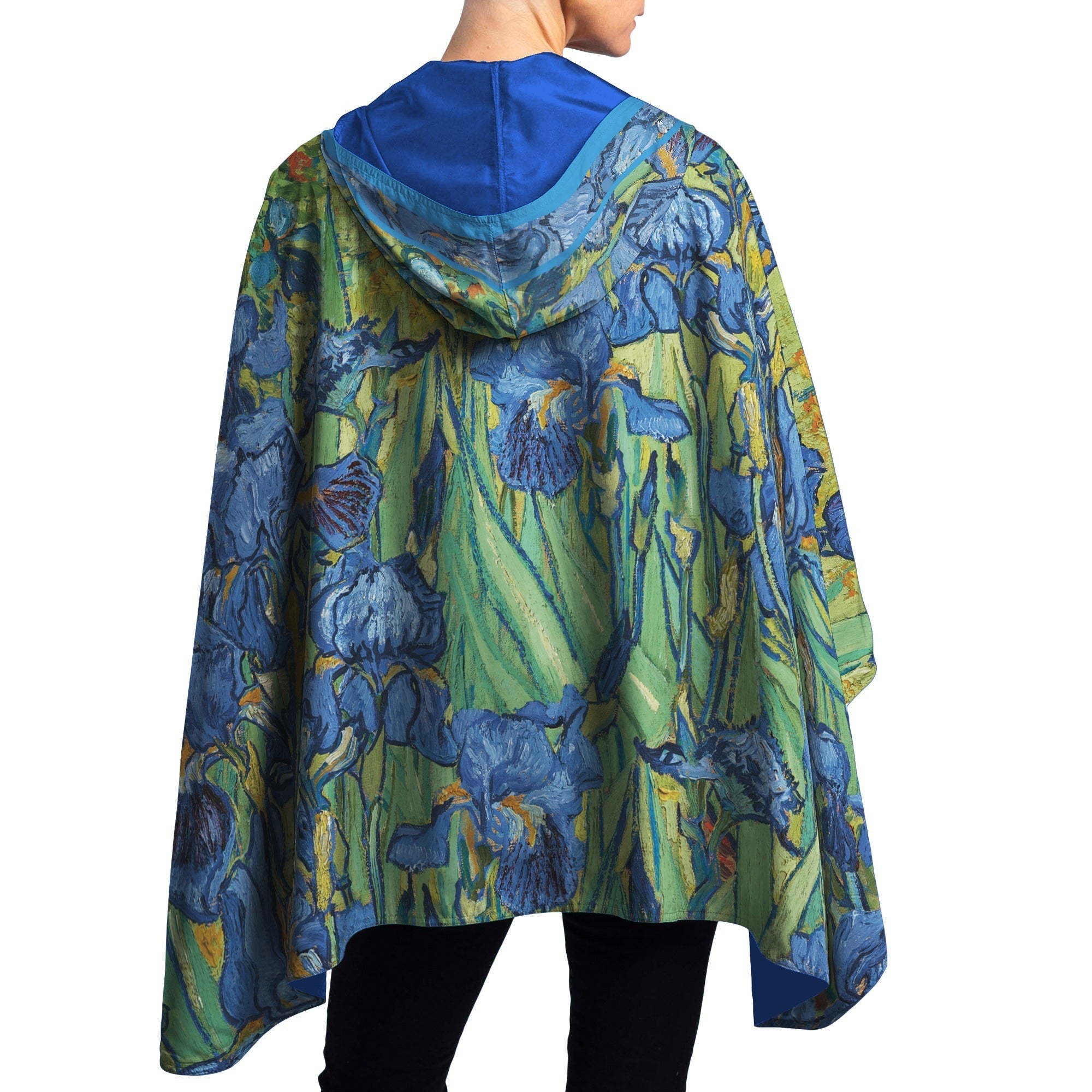 van Gogh Irises Reversible Rain Cape – Lightweight Hooded Wrap for Women
