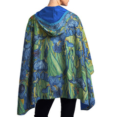 van Gogh Irises Reversible Rain Cape – Lightweight Hooded Wrap for Women