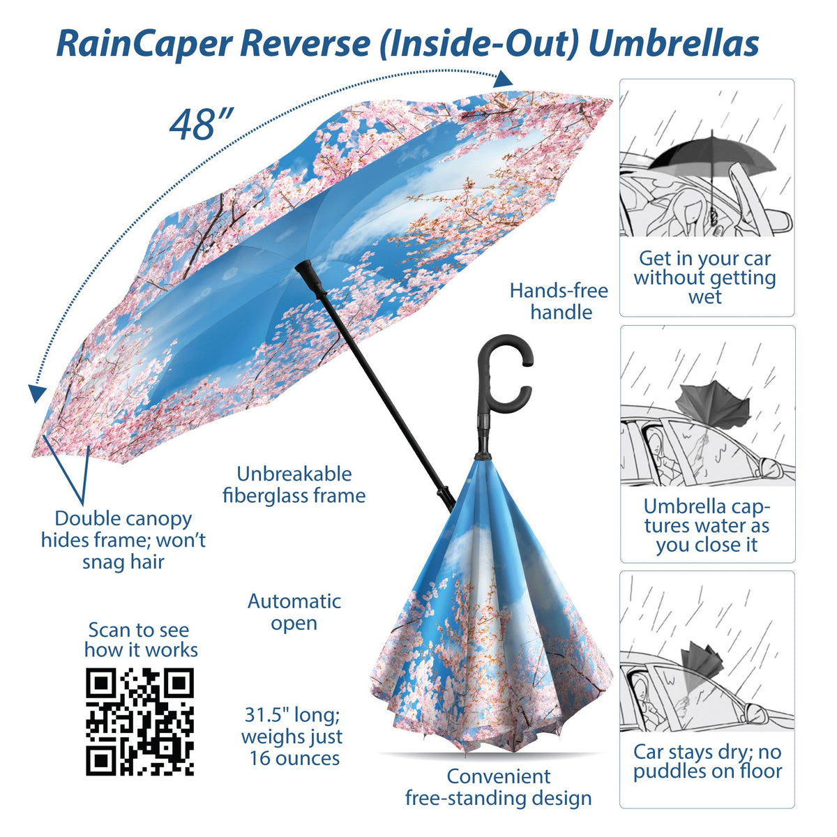 Cherry Blossoms Reverse Inverted Umbrella –  Windproof, Hands-Free