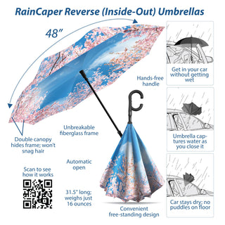 Cherry Blossoms Reverse Inverted Umbrella –  Windproof, Hands-Free