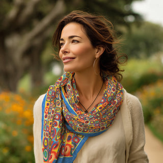 Kandinsky Squares with Concentric Circles Silk Blend Shawl – Lightweight Dressy Wrap for Women
