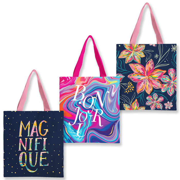 Canvas Magazine Tote Bags – Set of 3 EttaVee Blues | Lightweight Reusable Book & Travel Totes - Glamourous Grace