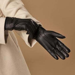 Raya (black) – Deerskin leather gloves with warm wool lining - Glamourous Grace