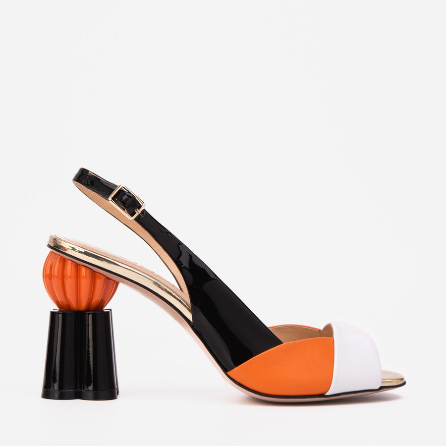 The Rize White & Orange Pumpkin Heel Leather Women Sandal - Glamourous Grace