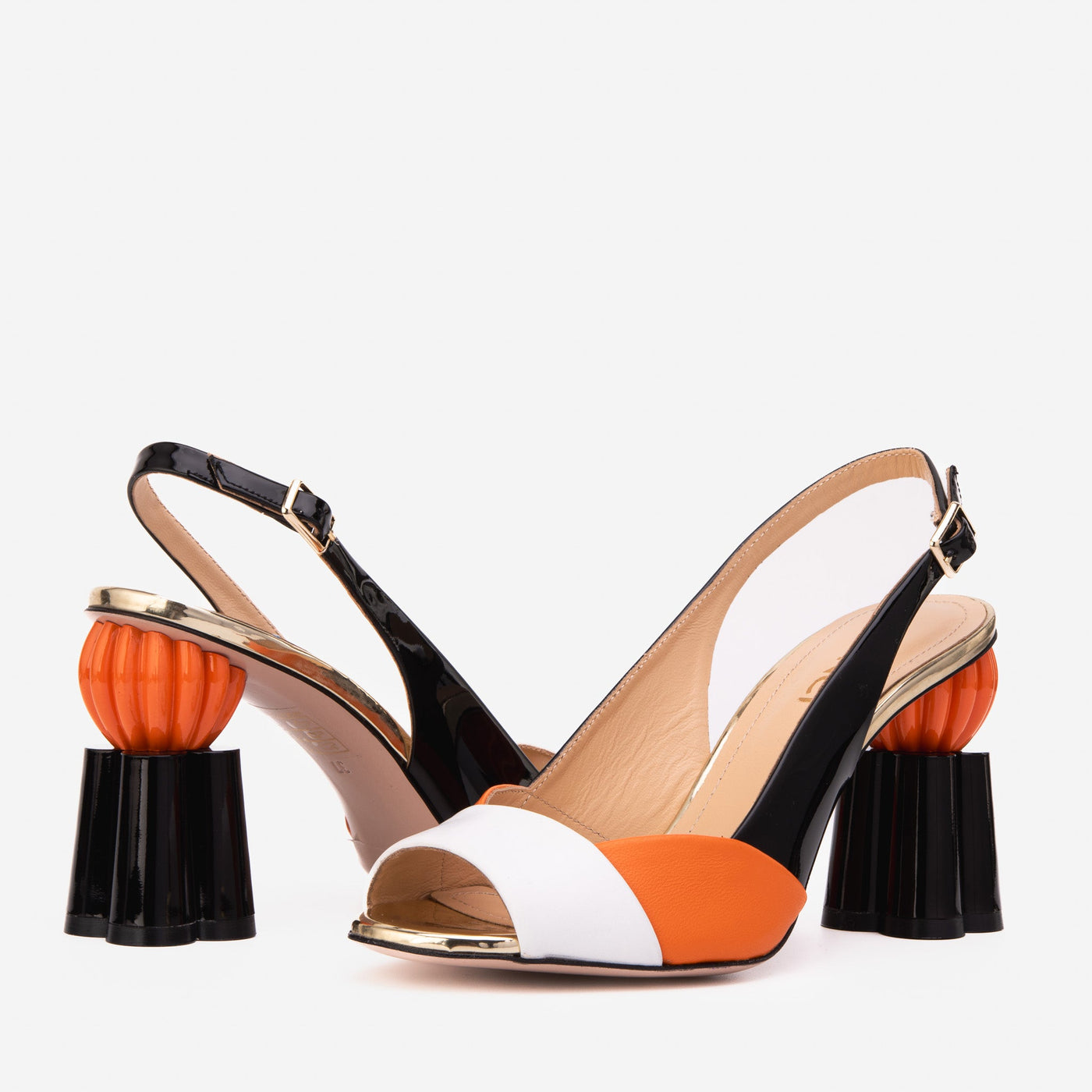 The Rize Black & Orange Pumpkin Heel Leather Women Sandal - Glamourous Grace