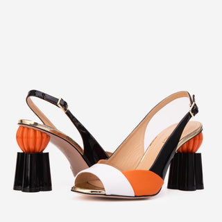 The Rize Black & Orange Pumpkin Heel Leather Women Sandal - Glamourous Grace
