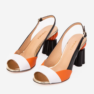 The Rize Black & Orange Pumpkin Heel Leather Women Sandal - Glamourous Grace