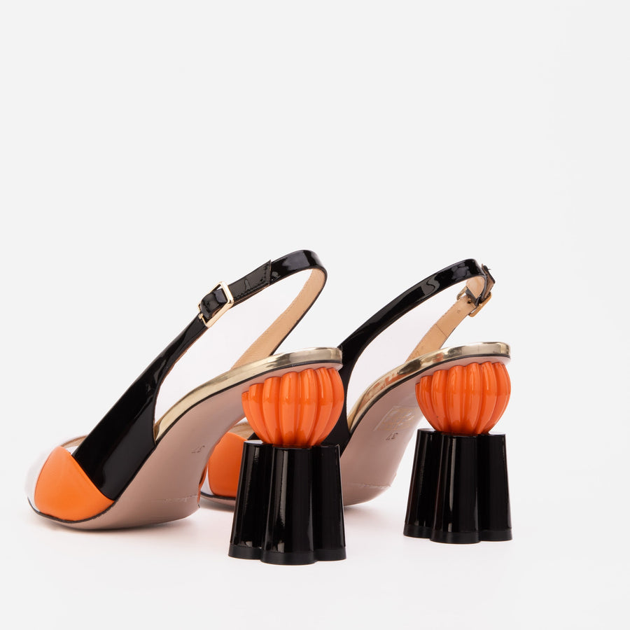 The Rize White & Orange Pumpkin Heel Leather Women Sandal - Glamourous Grace