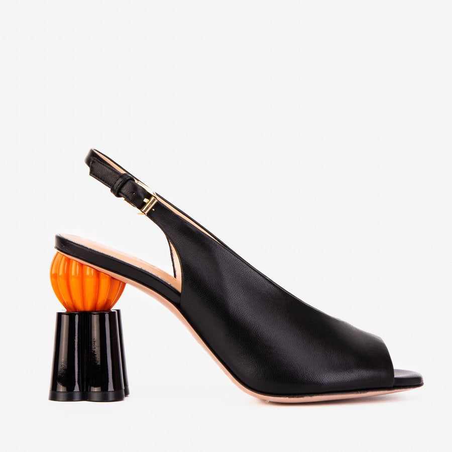 The Cimla Pumpkin Heel Black Leather Women Sandal - Glamourous Grace