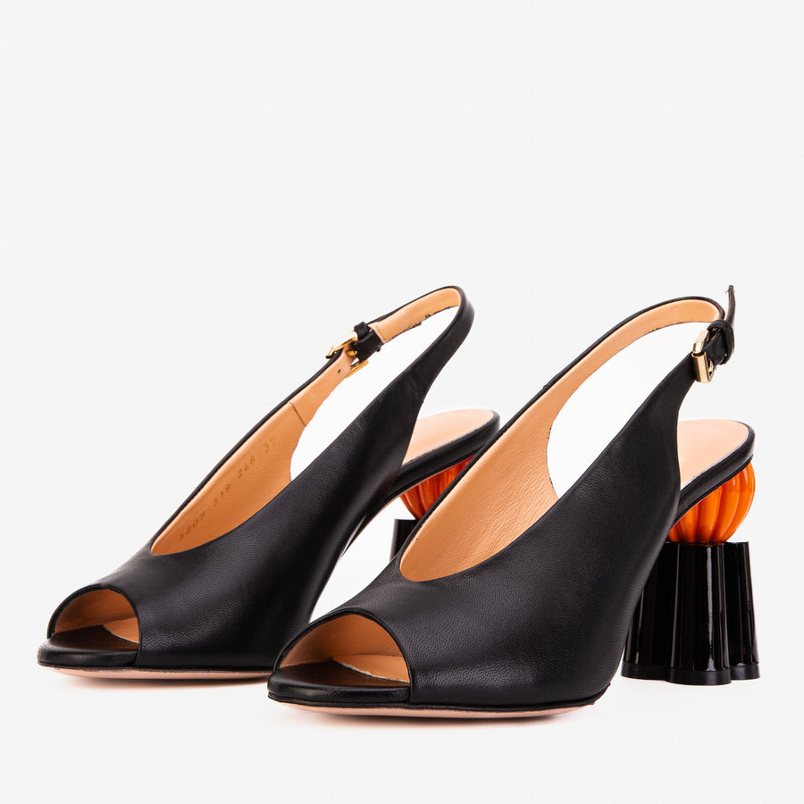 The Cimla Pumpkin Heel Black Leather Women Sandal - Glamourous Grace