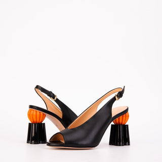 The Cimla Pumpkin Heel Black Leather Women Sandal - Glamourous Grace