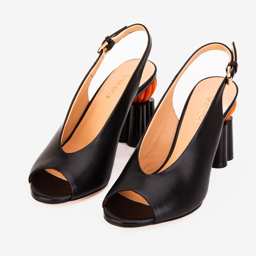 The Cimla Pumpkin Heel Black Leather Women Sandal - Glamourous Grace