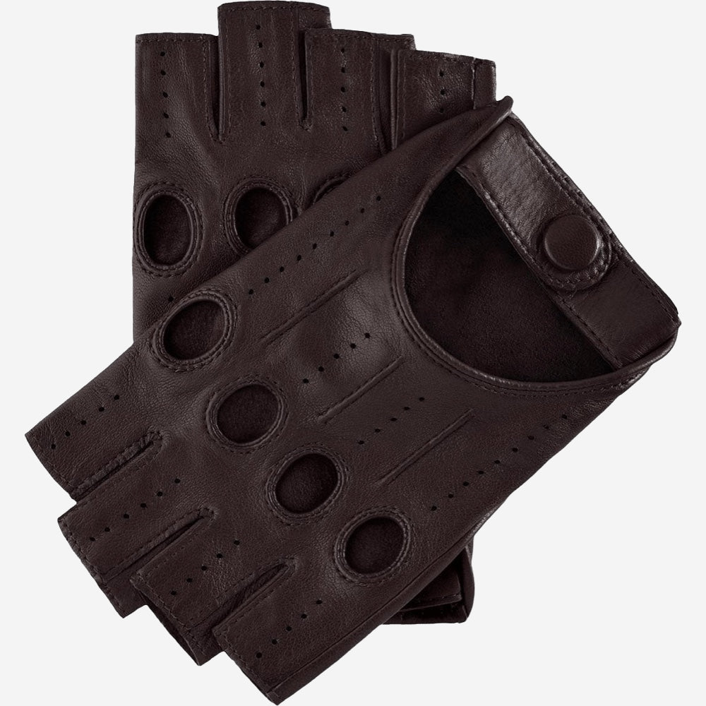 Rossana (dark brown) - Italian fingerless lambskin leather driving gloves - Glamourous Grace