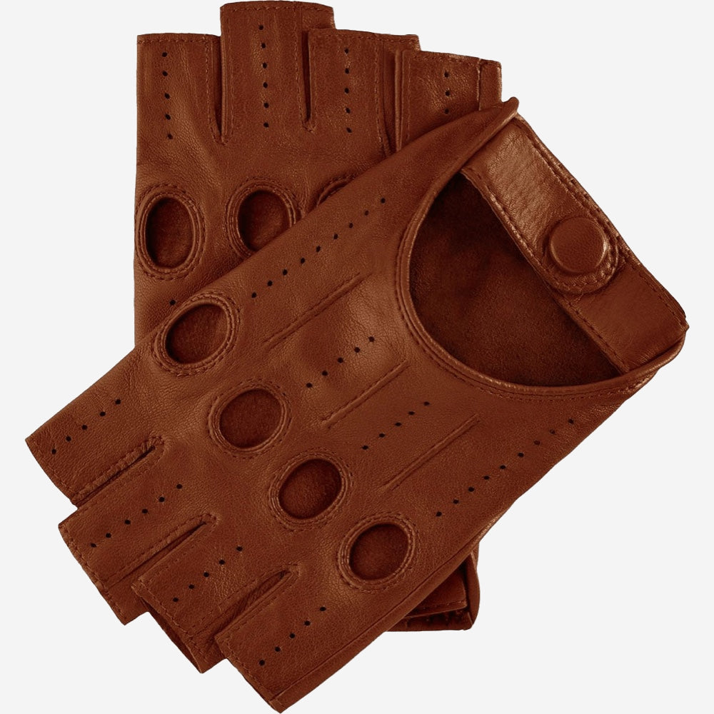 Rossana (cognac) - Italian fingerless lambskin leather driving gloves - Glamourous Grace