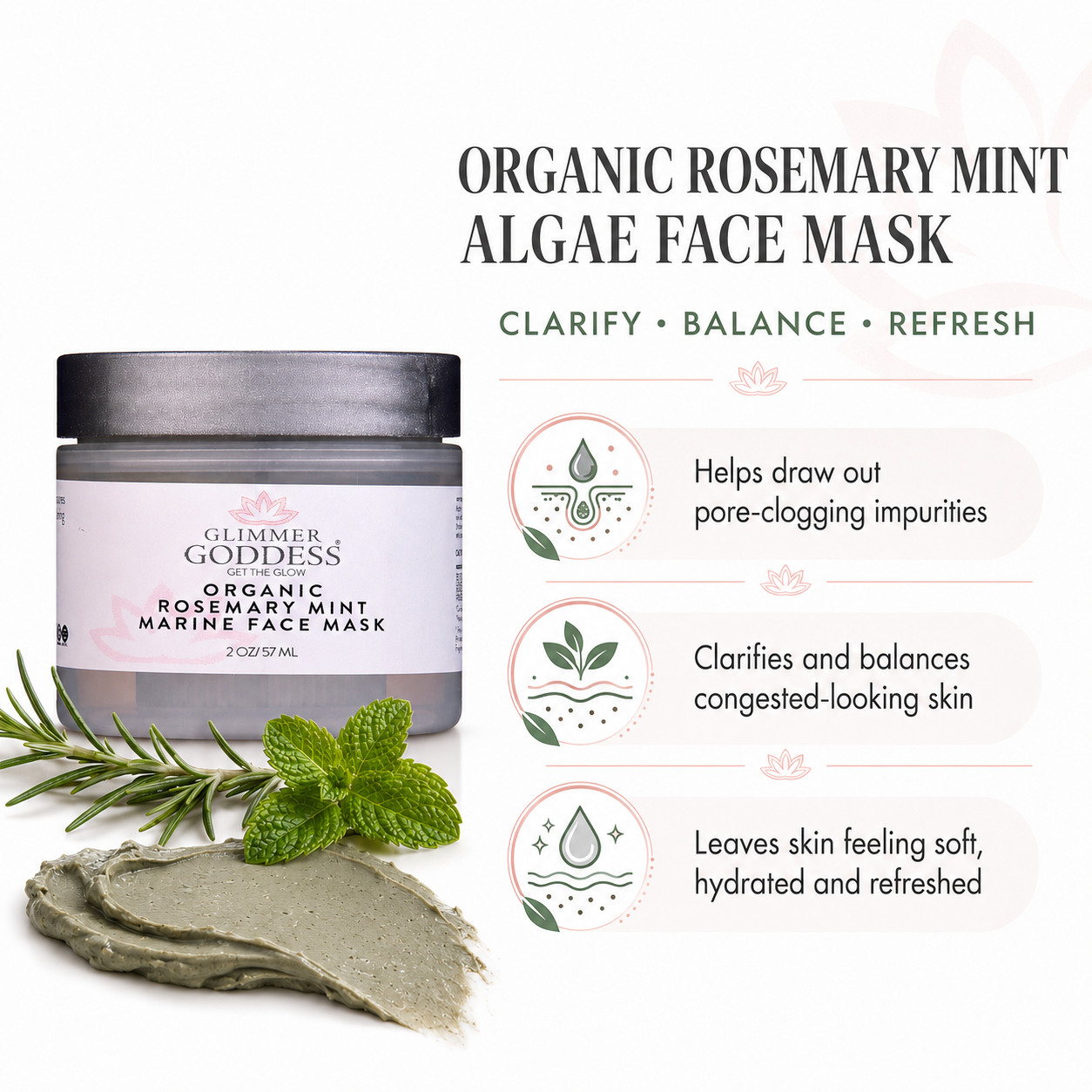 Organic Rosemary Mint Algae Face Mask for Acne & Rosacea - Glamourous Grace