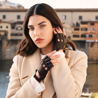 Rossana (dark brown) - Italian fingerless lambskin leather driving gloves - Glamourous Grace