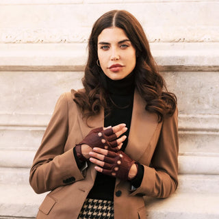 Rossana (cordovan) - Italian fingerless lambskin leather driving gloves - Glamourous Grace