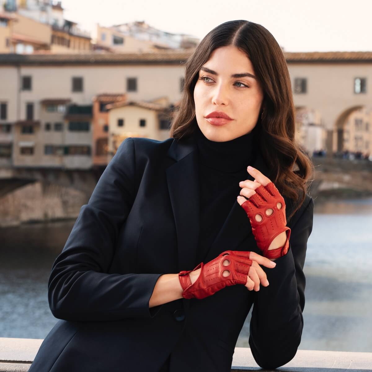 Rossana (red) - Italian fingerless lambskin leather driving gloves - Glamourous Grace