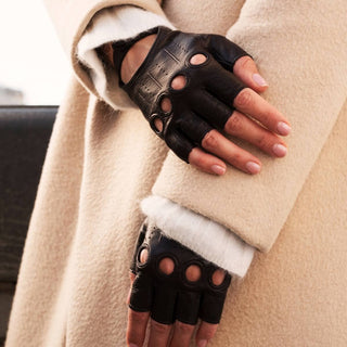 Rossana (dark brown) - Italian fingerless lambskin leather driving gloves - Glamourous Grace