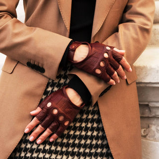 Rossana (cordovan) - Italian fingerless lambskin leather driving gloves - Glamourous Grace