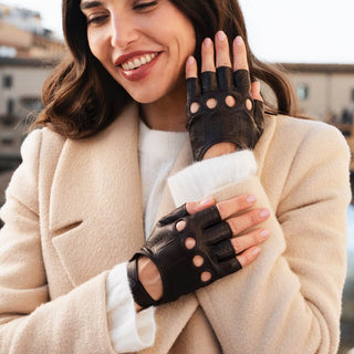 Rossana (dark brown) - Italian fingerless lambskin leather driving gloves - Glamourous Grace